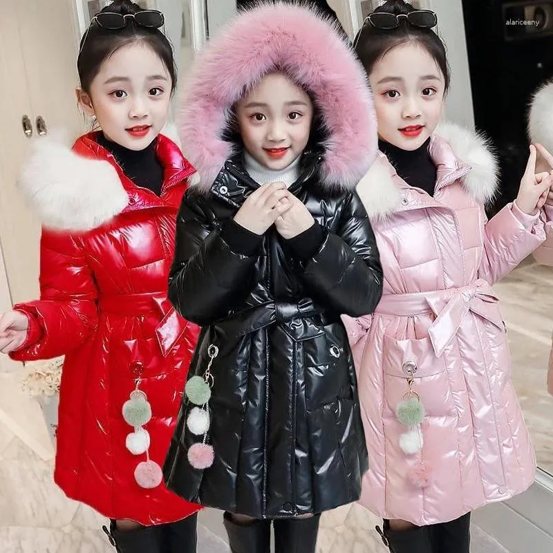 Giacche per ragazze inverno giacca a colore solido fodera impermeabile più lucido più velluto addensato a vento per bambini con cappuccio con cappuccio