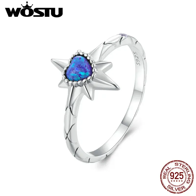 Ringar wostu 925 Sterling Silver Heart Blue Opal Star Ring Women Special Vintage Style Astral Rings Bridal Female Wedding Party Jewelry