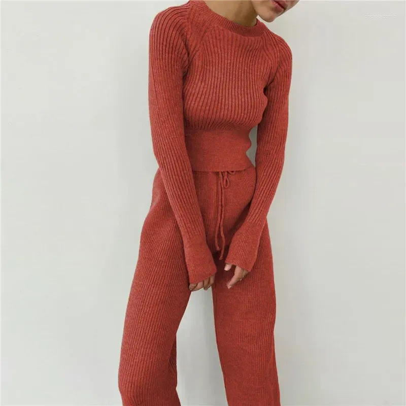 Women's Two Piece Pants Soft Ribbing Knit Matching Set Women Outfits Raglan Sleeve Crew Neck Pullovers Sweater Top Trend Casual Knitwear