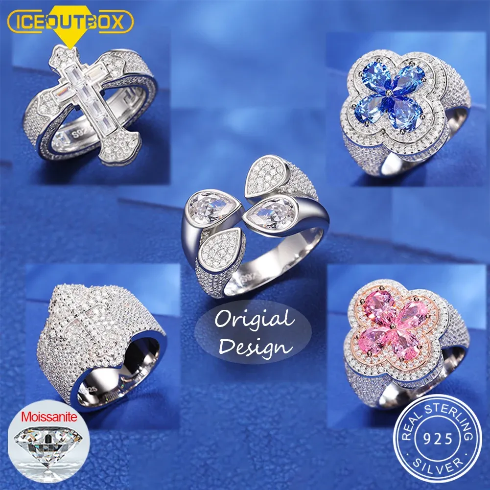 Anneaux Conception originale 925 bague en argent Sterling Moissanite pour femmes filles 2 pierres de style peuvent être choisir glacé hommes bijoux fins cadeaux