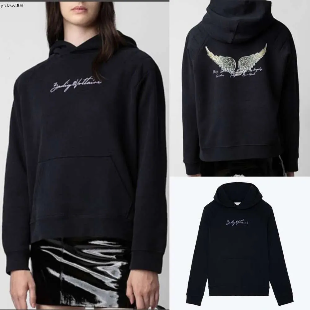 23AW Zadig Voltaire Nuevo nicho Mujeres Diseñador Sudadera con capucha Sudadera Letra delantera Alas traseras Tinta blanca Digital Impresión simple Algodón Sudadera con capucha versátil