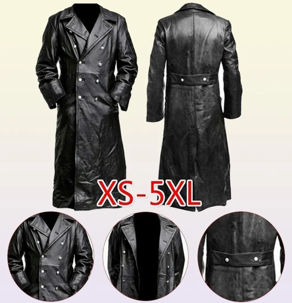 Herrläder faux herrarnas tyska klassiska WW2 enhetliga officer Black Real Leather Trench Coat 2209226161152