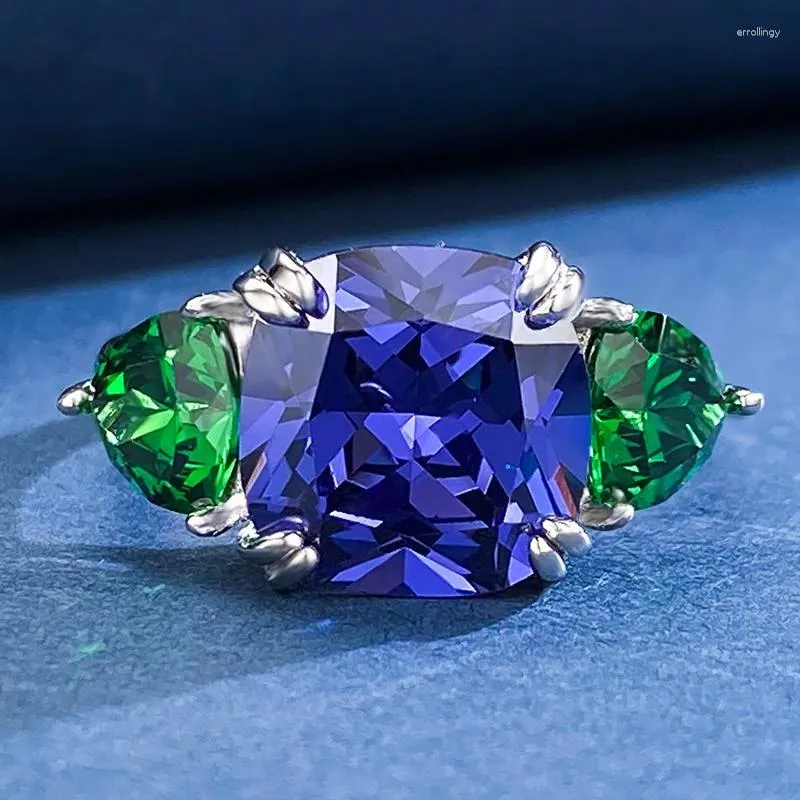 Bagues de cluster SpringLady 925 Sterling Silver Radiant Cut 10 10MM Lab Sapphire Emerald Gemstone Cocktail Party Bague pour les femmes Engagement