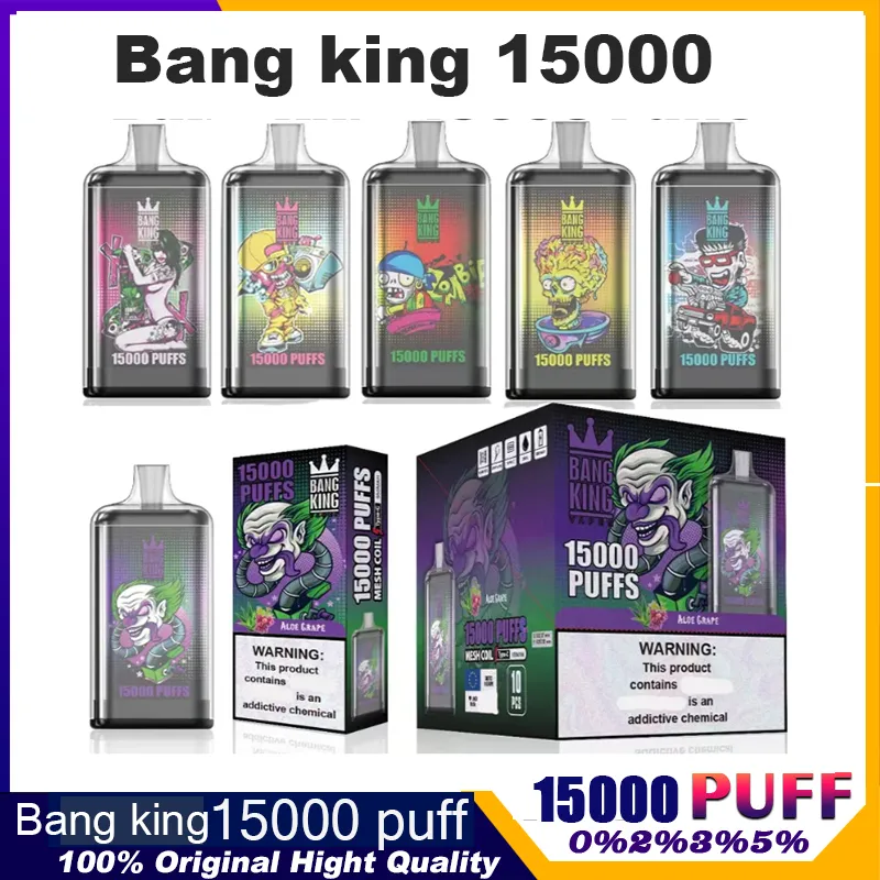 Bang King 15000 Puff 15k jetable 650mah Vapes Pen E Cigarette 0% 2% 3% 5% Vaporisateur Recharge rechargeable 13450mAh Batterie préremplie 25ml Cartouche Pod Mesh Coil