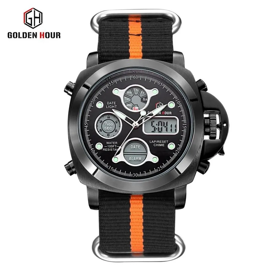 Reloj Hombre GOLDENHOUR Спортивные часы на открытом воздухе Мужские часы с парусиновым ремешком Автоматический дисплей даты Мужские наручные часы Relogio Masculino312z