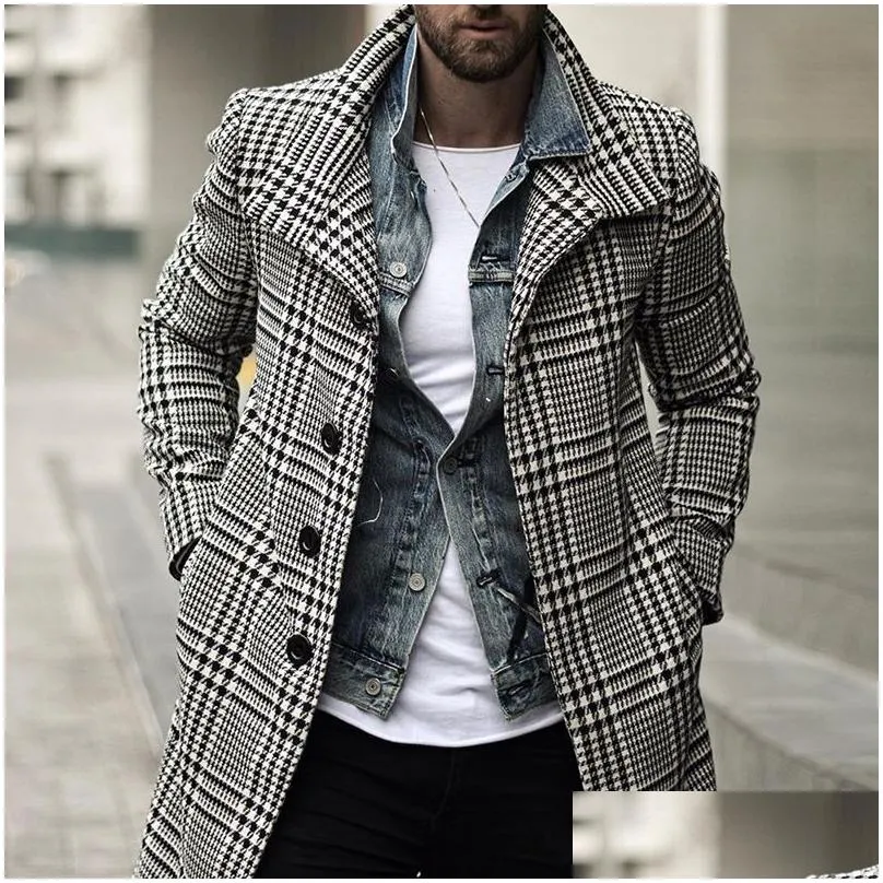 Trench da uomo Moda uomo Plaid Risvolto monopetto Cappotto lungo Giacca invernale da uomo Cappotto Drop Delivery Abbigliamento Abbigliamento Esterno Dh23A