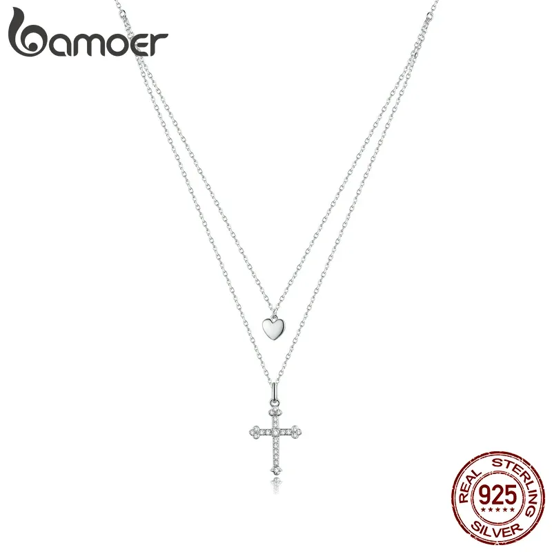 Colliers Bamoer argent Sterling 925 croix et coeur Double couche pendentif collier pour les femmes pavé réglage CZ Simple Fine bijoux BSN197