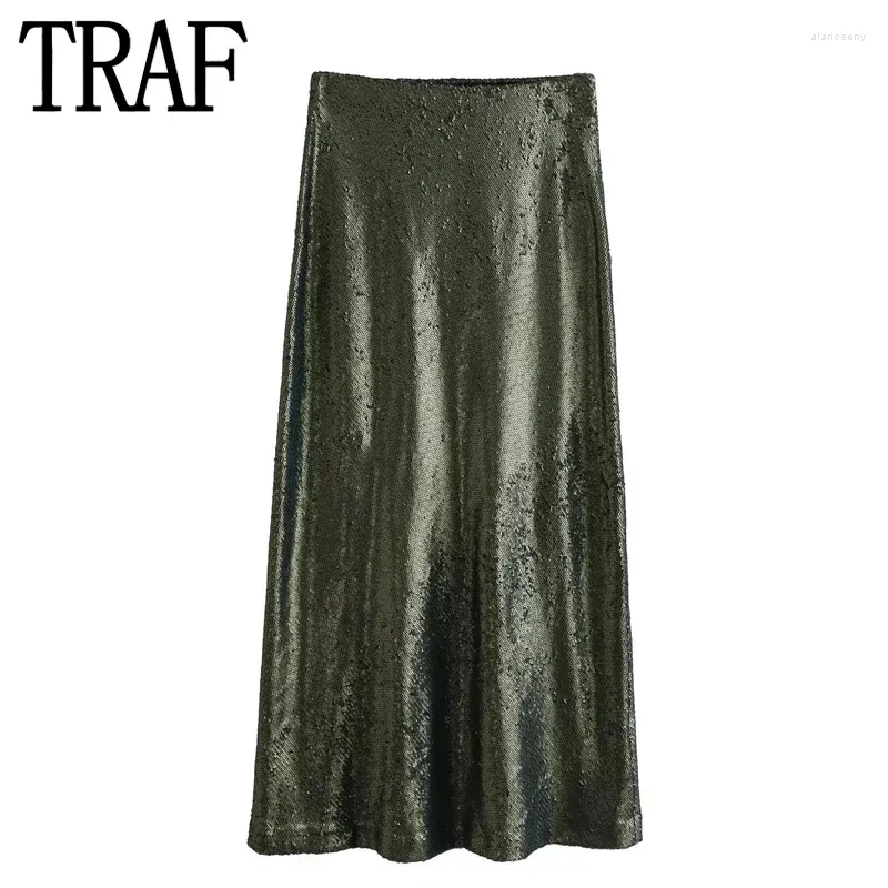 Saias Traf Midi Lantejoulas Mulheres Verde Glitter Cintura Alta Mulher Elegante Longo para Moda 2024 Vintage