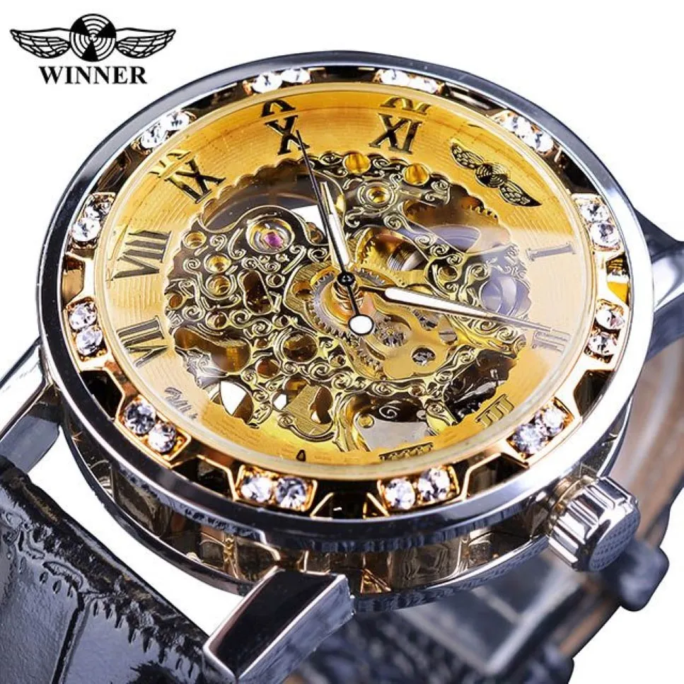 Winnaar Zwart Gouden Retro Lichtgevende Handen Mode Diamant Display Heren Mechanische Skeleton Horloges Topmerk Luxe Klok Wat183g