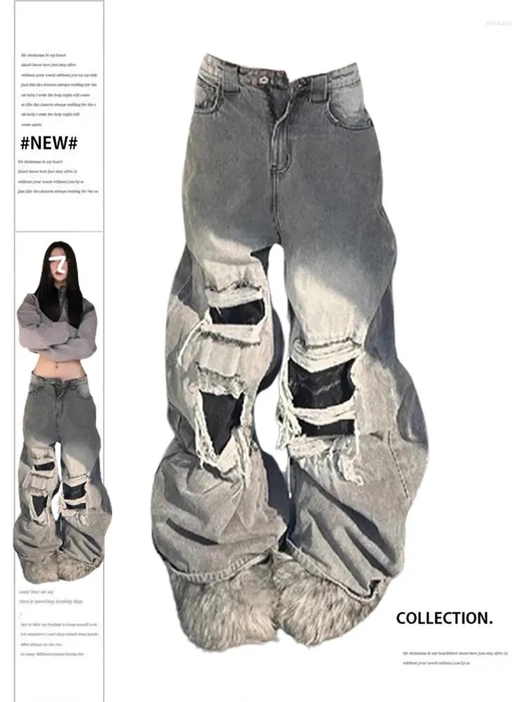 Women's Jeans Women Grey Ripped Harajuku Y2k 90s Aesthetic Oversize Denim Trousers High Waist Cowboy Pants Vintage 2000s Trashy Clothes