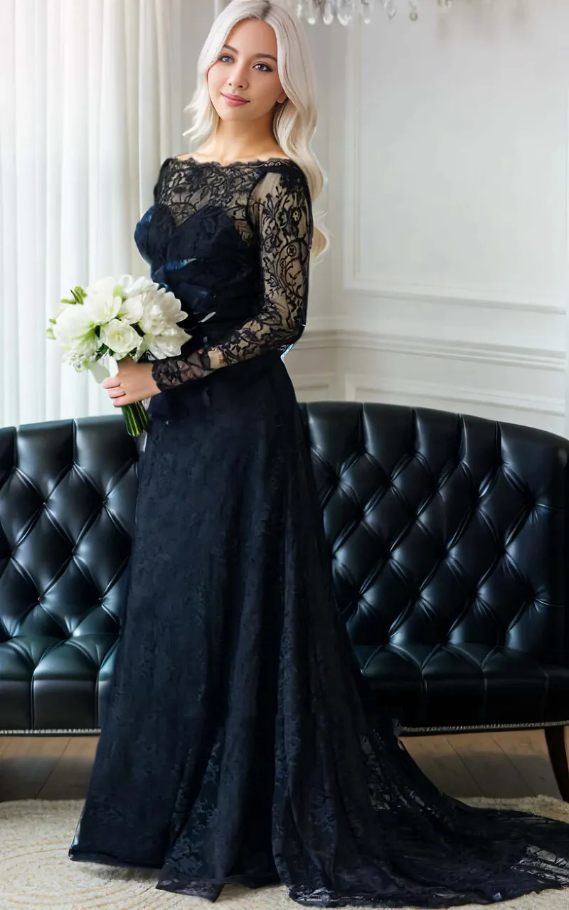 Elegant Black Lace Mermaid Modest Wedding Dresses with Long Sleeves, Bateau Neckline, and Court Train for Spring and Autumn Garden Weddings - Vestido