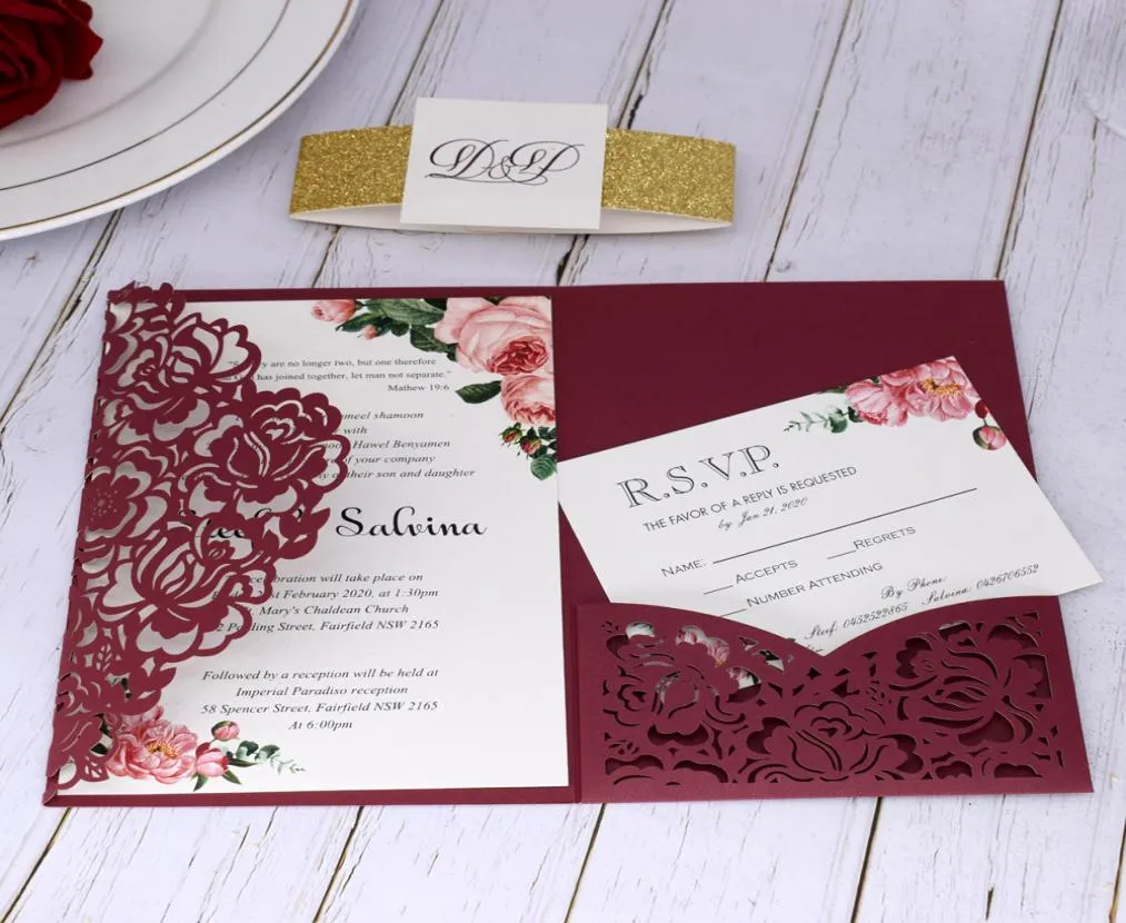 Invitation de mariage de poche découpée au laser Rose Bourgogne 2020 avec carte RSVP avec ceinture à paillettes et étiquette Invitation Quinceanera Graduation 8641516