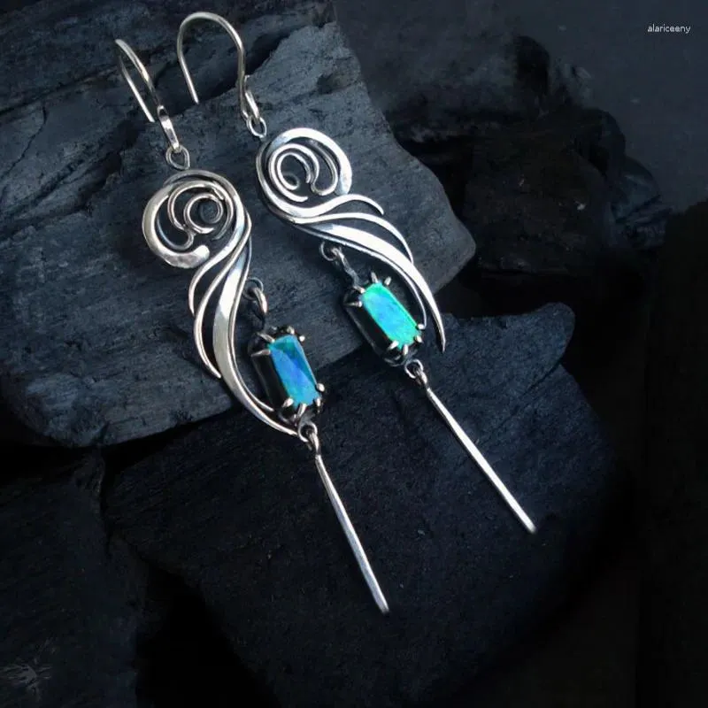 Dangle Earrings Female Ethnic Spiral Metal Green Blue Stone Earring Vintage Jewelry Geometric Crystals Handmade Gift
