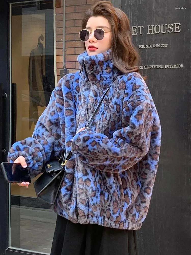 Women's Fur Winter Oversized Colorful Leopard Print Faux Coat Women Long Sleeve Zip Up Warm Soft Fluffy Jacket Korean Fashion