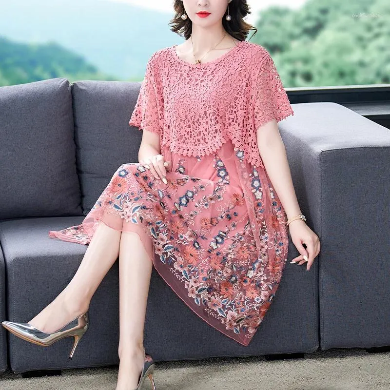 Party Dresses Summer Embroidery Natural Silk Mesh Floral Sexy Midi Dress 2024 Spring Korea Fashion Beach Women Short Sleeve Elegant Robe