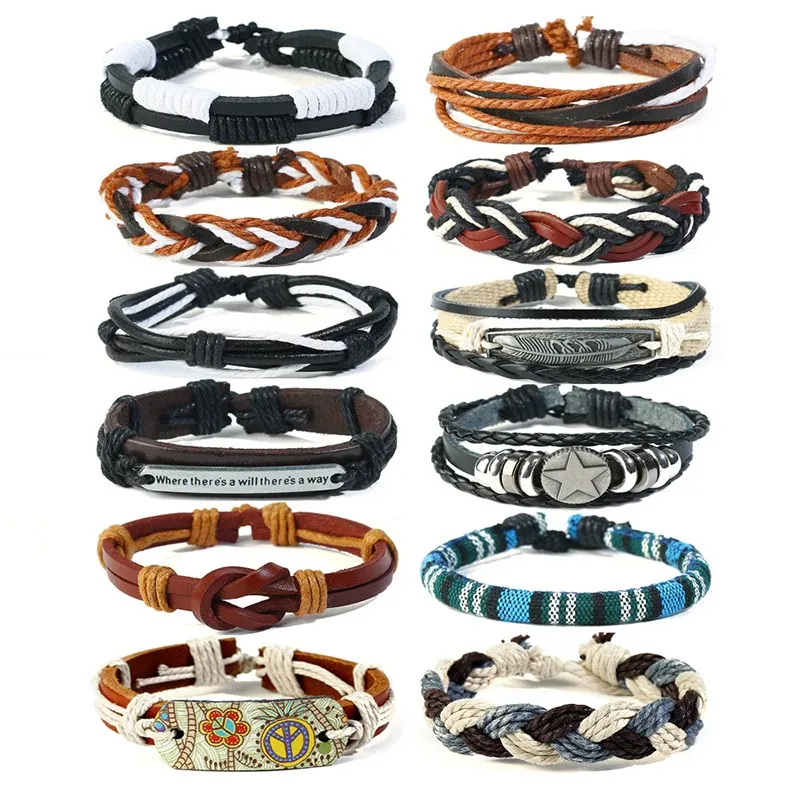 Bracelets 12 Pcs/Set Handmade Weave Charm Wrap Leather Mens Bracelets Women Bangles Bohemia Style Cowhide Wristband Jewellery Small Gift