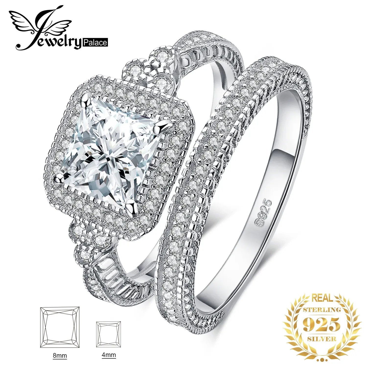 Anillos JewelryPalace 2 piezas anillo de boda para mujer anillo de compromiso de plata de ley 925 AAAAA CZ conjuntos de novia de lujo con diamantes de imitación