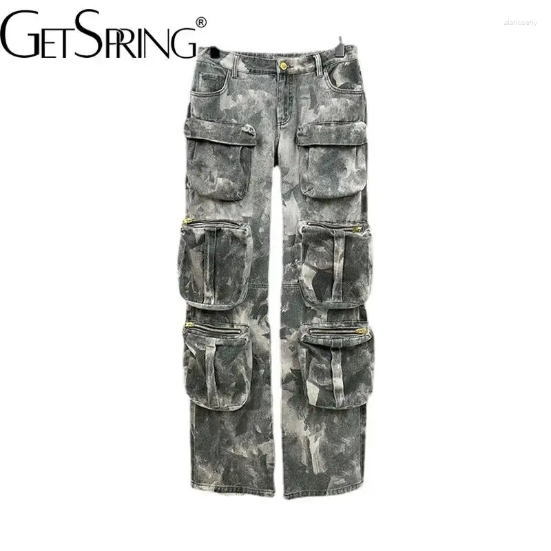 Kvinnors byxor GetSpring Women Capris 2024 Spring Camouflage Multi Pocket Overalls Hög midja Löst långa långa kvinnliga byxor