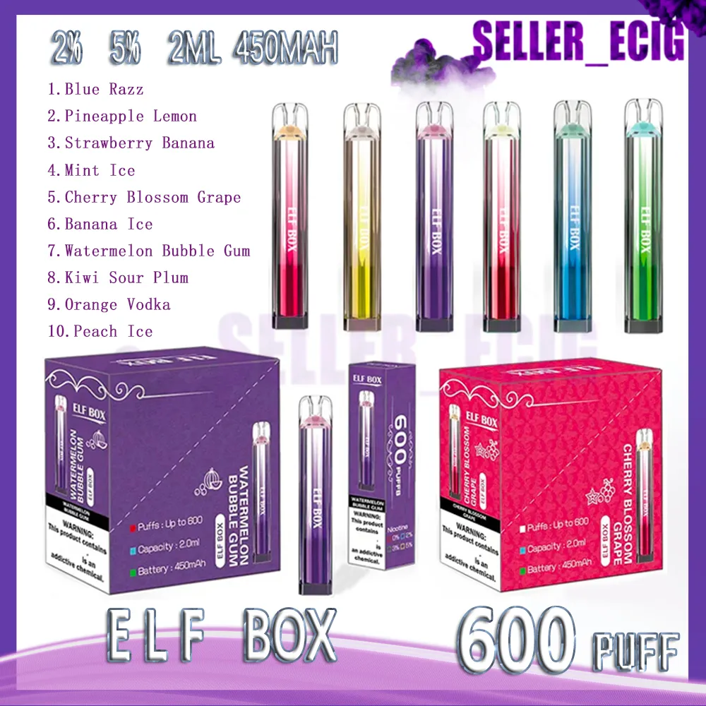 Original ELF BOX 600 Puff E Cigarros 2% 5% 2ml Pod Pré-cheio 450mAh Bateria 10 Sabores Descartáveis Vape Pen Puffs 600