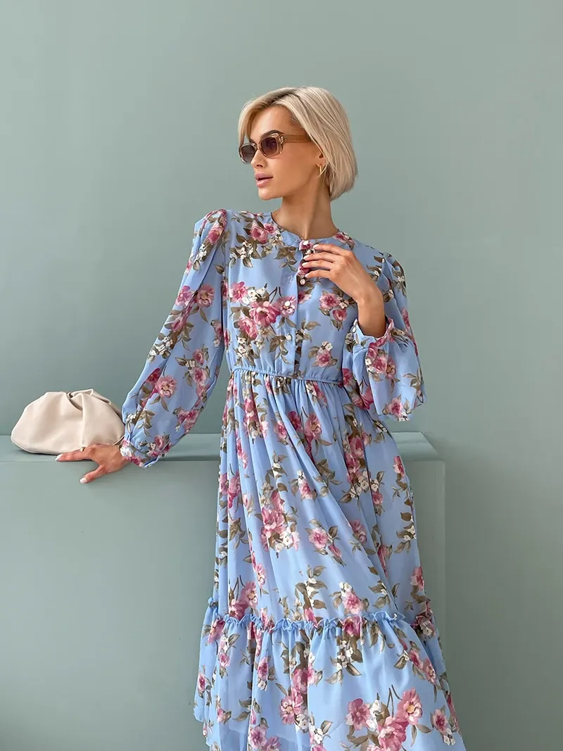 Robes élégantes plissées à manches longues en mousseline de soie robes de soirée femmes rose bleu noir blanc floral plage longue maxi robe d'été femmes 2023