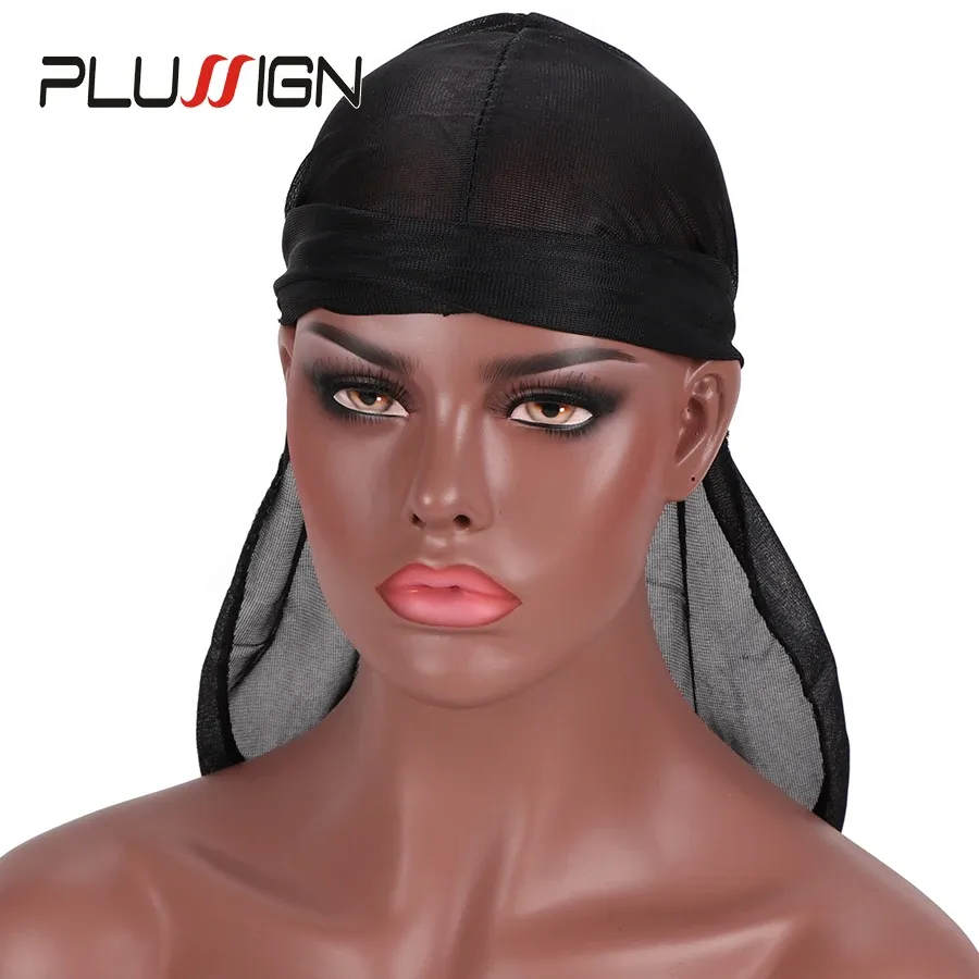 Maskers 6 stks/partij Groothandel Hot Koop Nieuwe Satijnen Mannen Streched Cap Du Doo Rag Durag Zwart Witte Hoed Tie Down staart Voor Vrouwen King'S Durag Cap