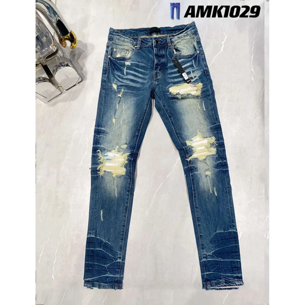 Дизайнерские мужские джинсы Amirs High Street Hole Star Patch Мужские женские брюки Amirs со звездной вышивкой и вставками Эластичные брюки облегающего кроя Джинсовые брюки Новый стиль 146