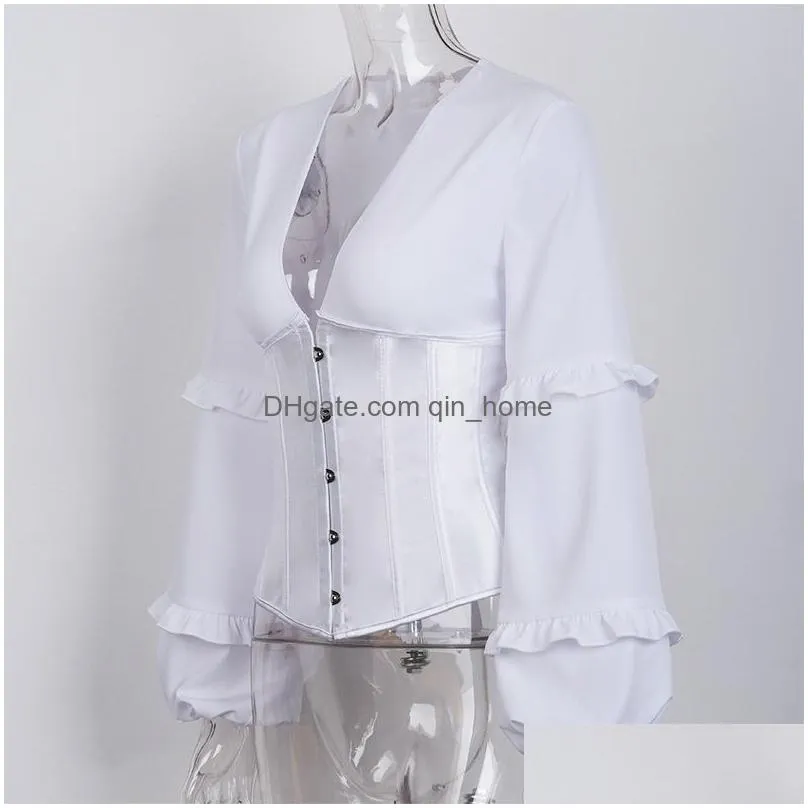 womens blouses shirts lace up solid v-neck womens tops and bustier corset sexy top hooks bubble sleeve spring