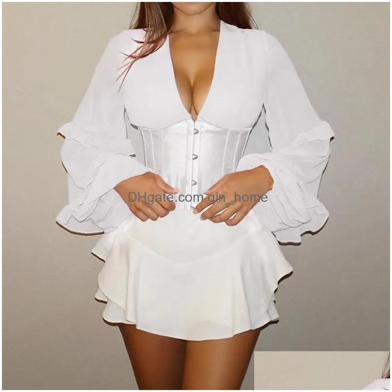 womens blouses shirts lace up solid v-neck womens tops and bustier corset sexy top hooks bubble sleeve spring