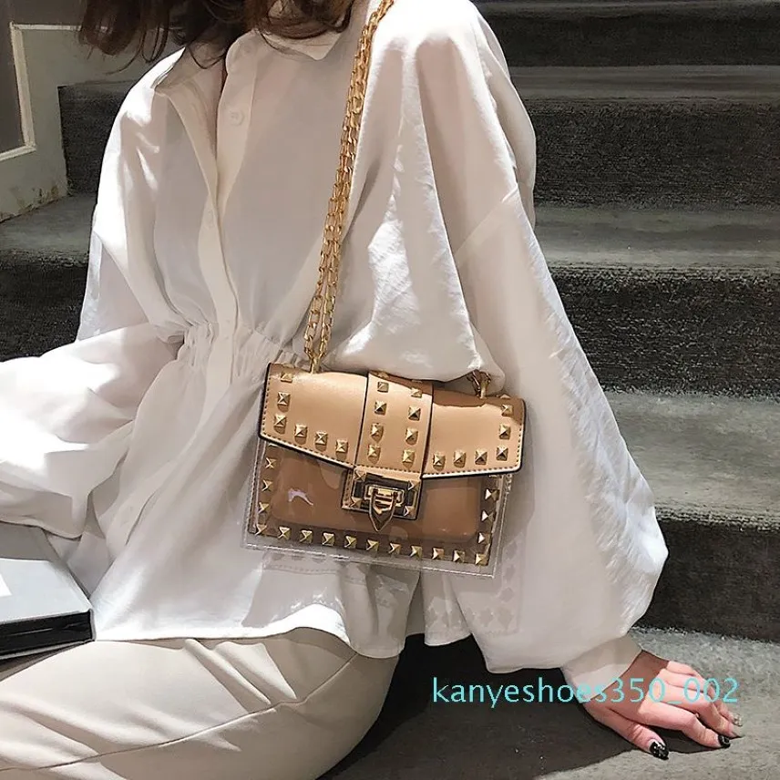 Small clear Woman 2019 New Fashion Messenger Bag Chains Shoulder Bags Female Rivets Transparent Square PU Handbag k022721