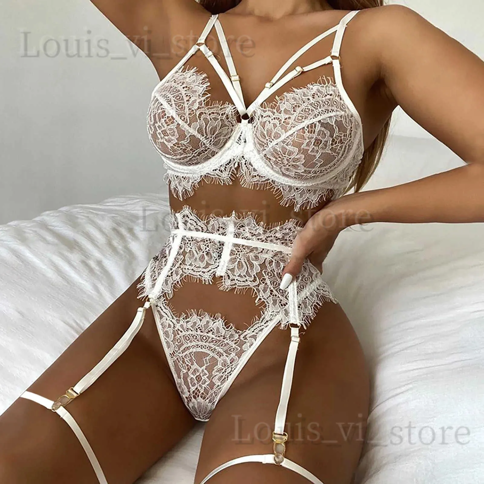 Soutien-gorge Ensembles Bilizna Set Sexy Fit Nude Sous-vêtements sans cou Ensemble exotique Cils Dentelle O-Ring Découpe Jarretière Lingerie Teddy Bodydoll Broderie T240221