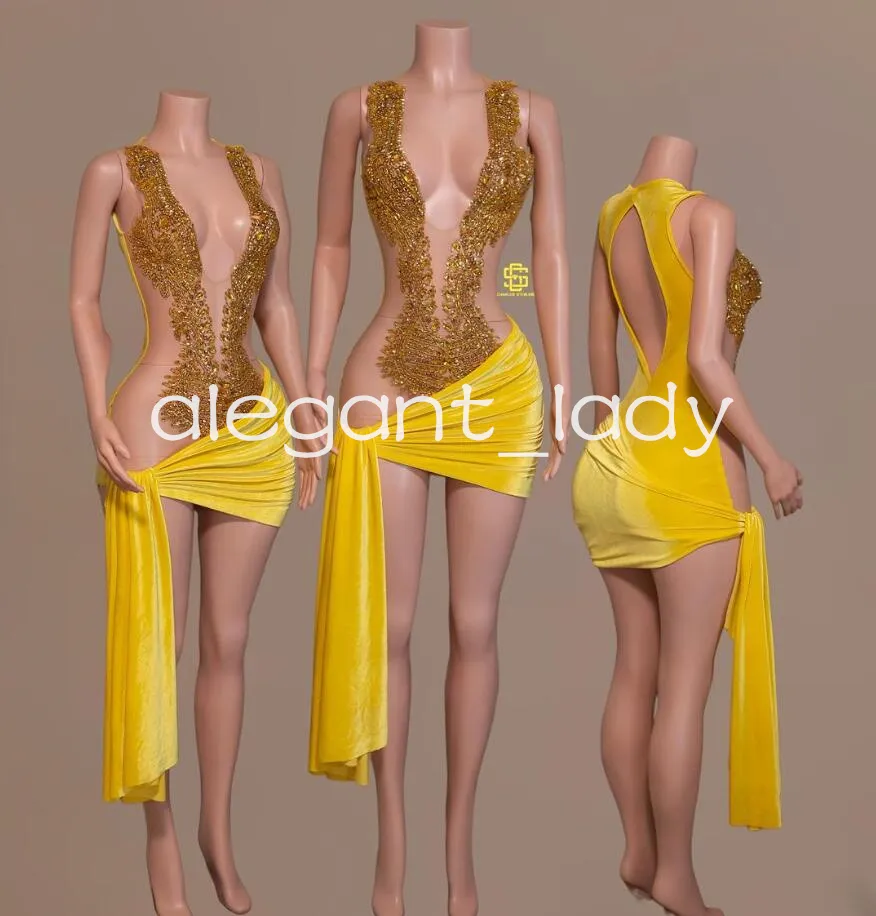 Amarelo brilhante mini vestidos de cocktail de noite para mulheres luxo diamante cristal pura malha aniversário gala vestido preto menina