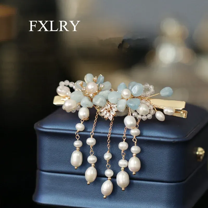 Jewelry FXLRY Original Handmade Natural Freshwater Pearl Tassel Hairpin Aquamarine Hair Accessories