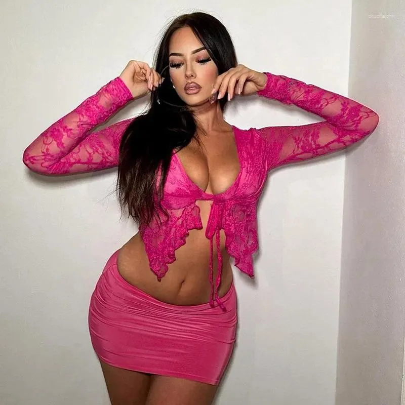 Work Dresses Women 2 Piece Pink Lace Crochet Cardigan Shirt Tops Bodycon Skirts Sets Perspective Lace-up Shirts Mini Skirt Two Outfits