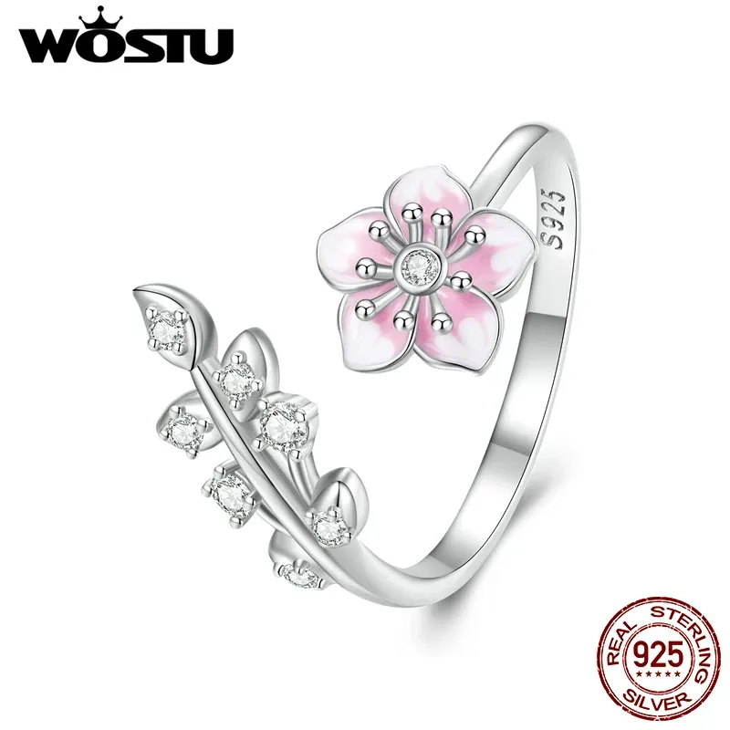 Ringar Wostu Solid 925 Sterling Silver Romantic Pink Cherry Blossom Open Rings for Women Lovely Flower Ring for Lover Family Gift R438