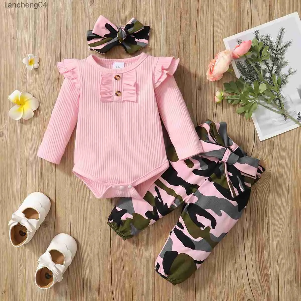 Clothing Sets 0-18 Months Newborn Baby Girl Clothes Set Infant Girl Long Sleeve Bodysuit + Camouflage Pants + Headband Cotton Clothing Suit