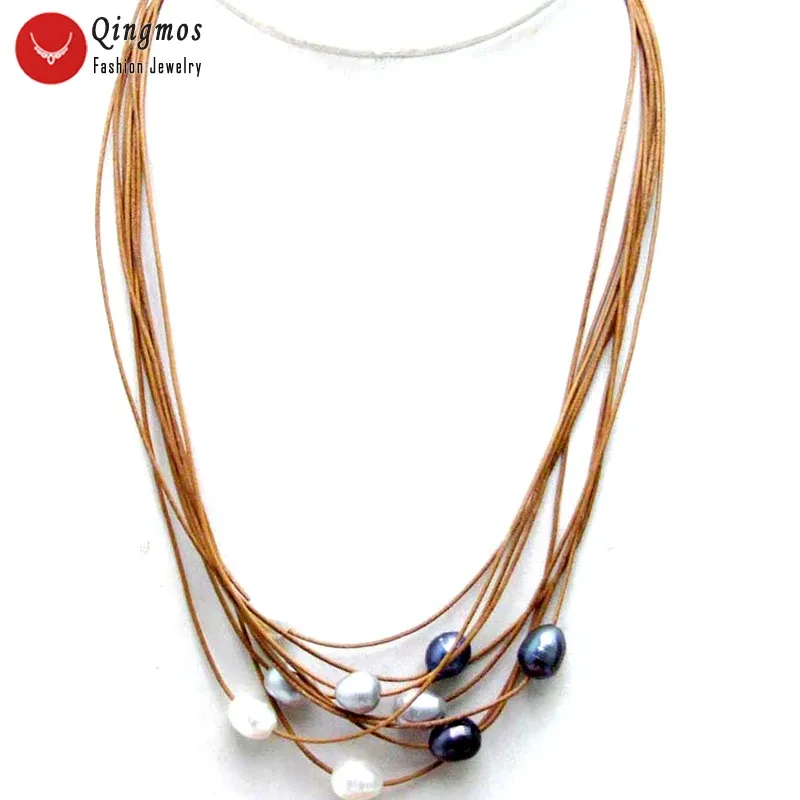 Necklaces Qingmos 1011mm Rice White Gray Black Pearl Pendant Natural Multicolor Pearl Necklace for Women with Leather 9 Strands 1921"