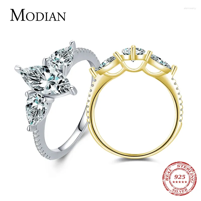 Anéis de Cluster Modian Alta Qualidade 925 Sterling Silver Clássico Casamento Espumante Diamante CZ Anel de Dedo para Mulheres Feminino Jóias de Noivado