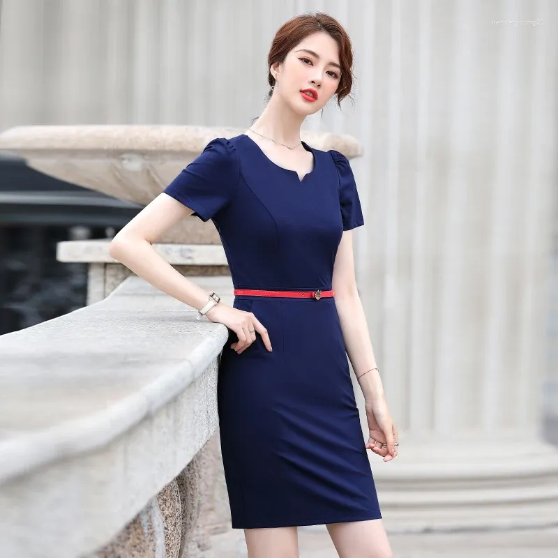 Partykleider 2024 Sommer Elegante blaue Uniform Styles Kleid für Frauen Business Arbeitskleidung Damen Karriere Interview mit Gürtel