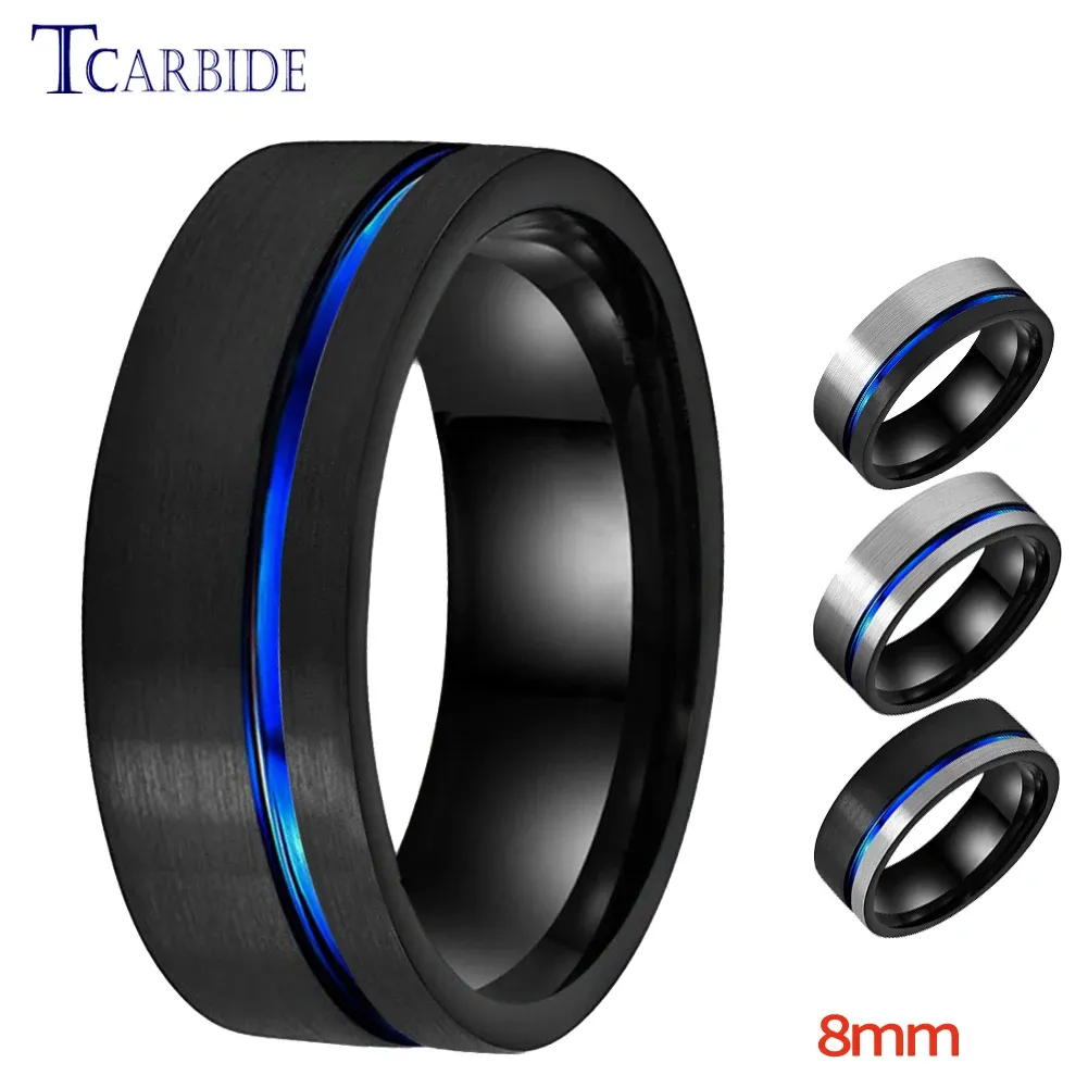 Bands 8MM Black Blue Wedding Band Tungsten Engagement Ring For Men Women Offset Groove Pipe Cut Fashion Jewelry Comfort Fit