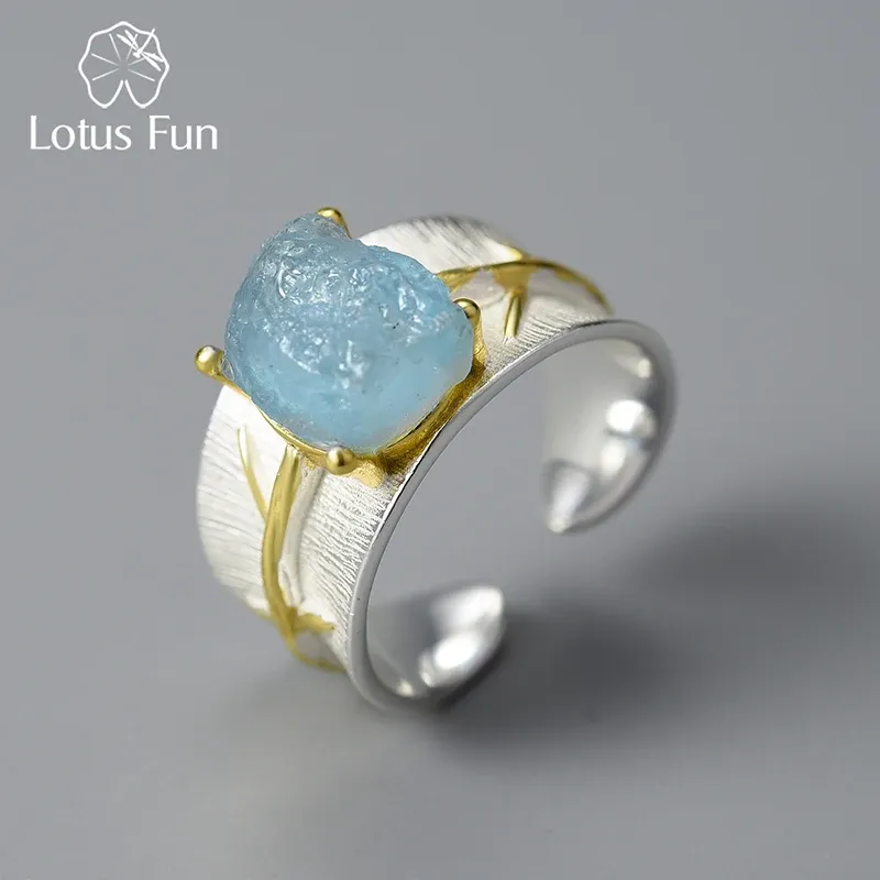 Ringe Lotus Fun Lange Blätter Natürlicher Aquamarin-Edelstein Verstellbare Ringe für Frauen 925 Sterling Silber Original Luxus Edlen Schmuck