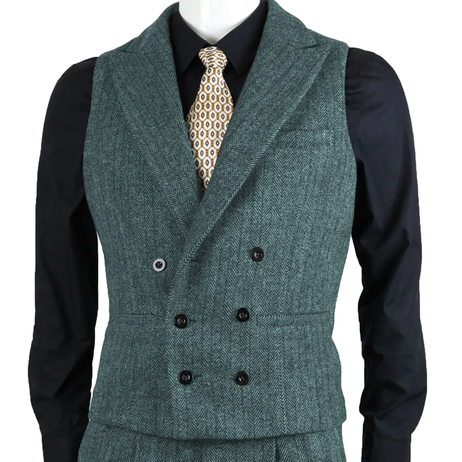 Män passar Vest Herringbone Tweed Slim Fit Waistcoat dubbelbröst ärmlös jacka för bröllopsfest prom kostym