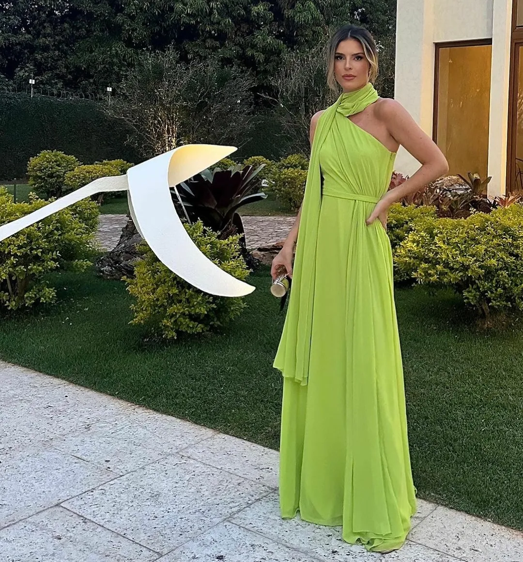 Eleganti abiti da sera lunghi in chiffon verde con nastro a-line collo alto pieghettato cerniera posteriore lunghezza pavimento abito da ballo abiti da festa per le donne