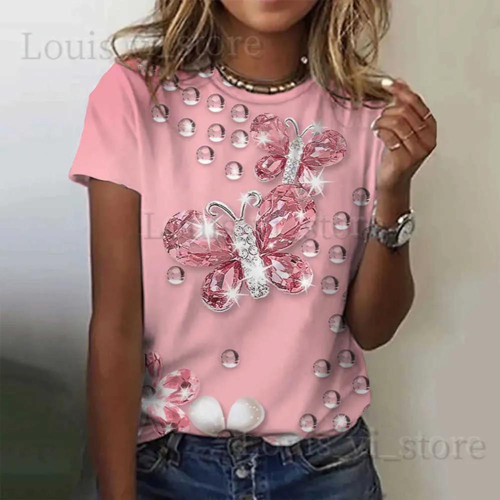 女性のTシャツレディースTシャツ夏ファッションハラジュク3Dバタフライプリントトップ