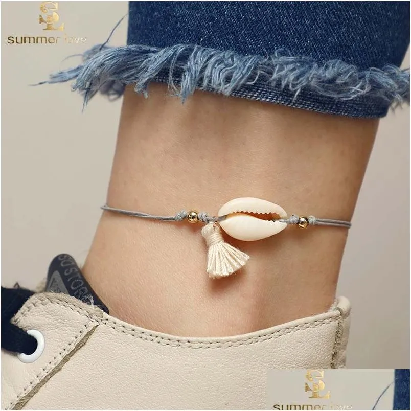 Anklets Bohemian Summer Style Shell Tassel Pendant Anklet Armband For Women Wax String Beach Jewets Gift Drop Leverans smycken DHFWQ