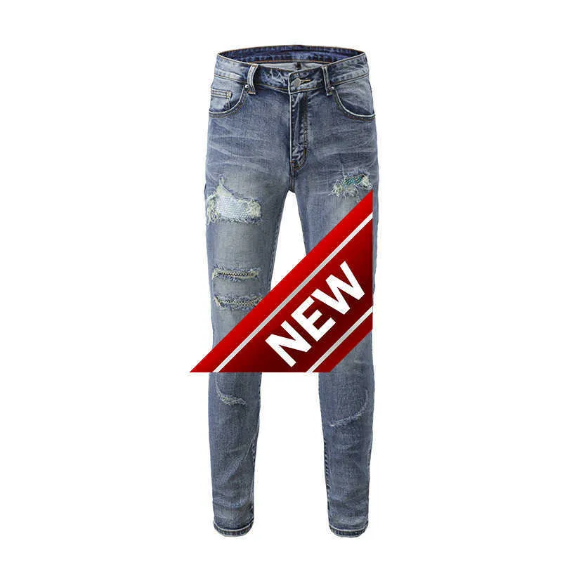 Sokak tarzı mavi delik kot patch patch tatch slim fit pantolon