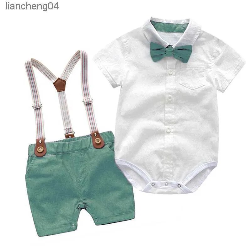 衣類セットベイビーボーイの服夏の紳士誕生日スーツ新生児ドレスソフトコットンソリッドRMPER +ベルトパンツ幼児幼児セット