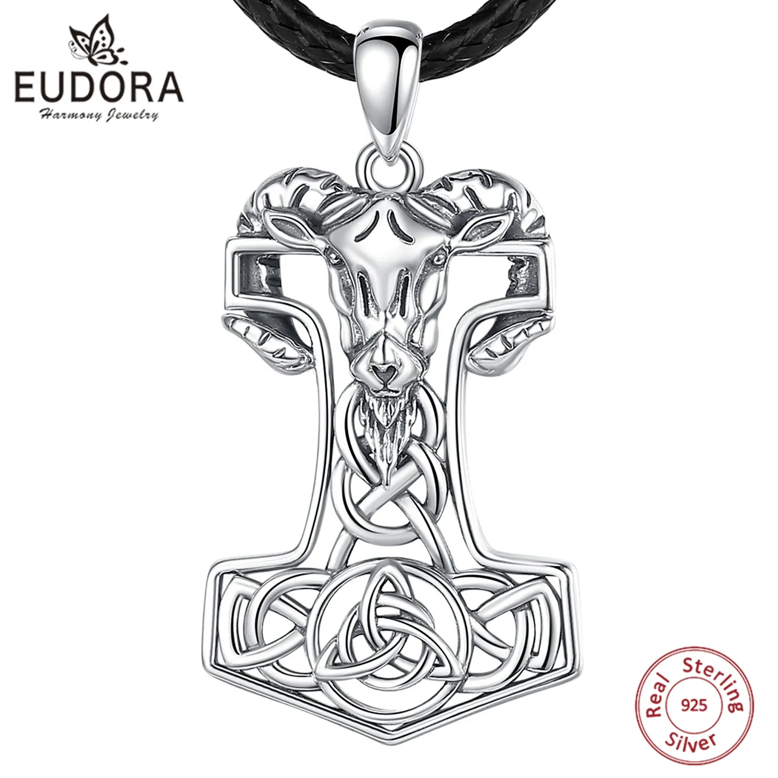 Pingentes Eudora 925 Sterling Silver Norse Viking Thor Martelo Mjolnir Rune Colar Cabra Celta Nó Amuleto Pingente Personalidade Jóias