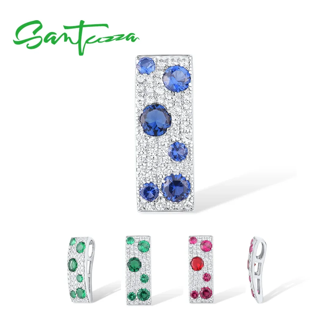 Hängen Santuzza äkta 925 Sterling Silver Pendant For Women Rektangel Shiny Blue Cz Green Spinel Ruby Concise Party Gift Fine Jewelry