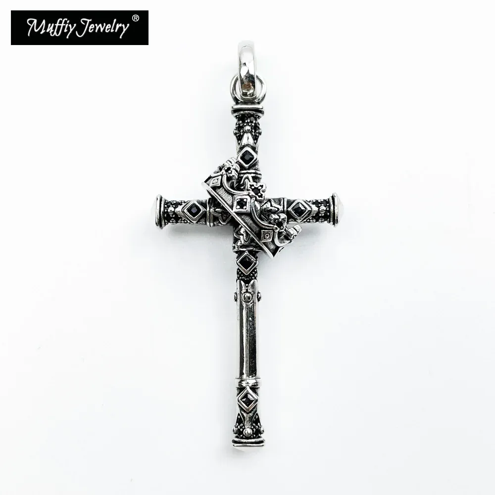 Pendants Real 925 Sterling Silver Majestic Cross with Crown Pendant fit Necklace Fine Jewelry Accessories Retro Trendy Gift for Men Boy