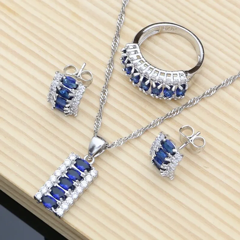 Colliers Natural Blue Cubic Zirconia White CZ Jewelry Set Femmes 925 Bijoux en argent sterling boucles d'oreille / pendentif / collier / bague